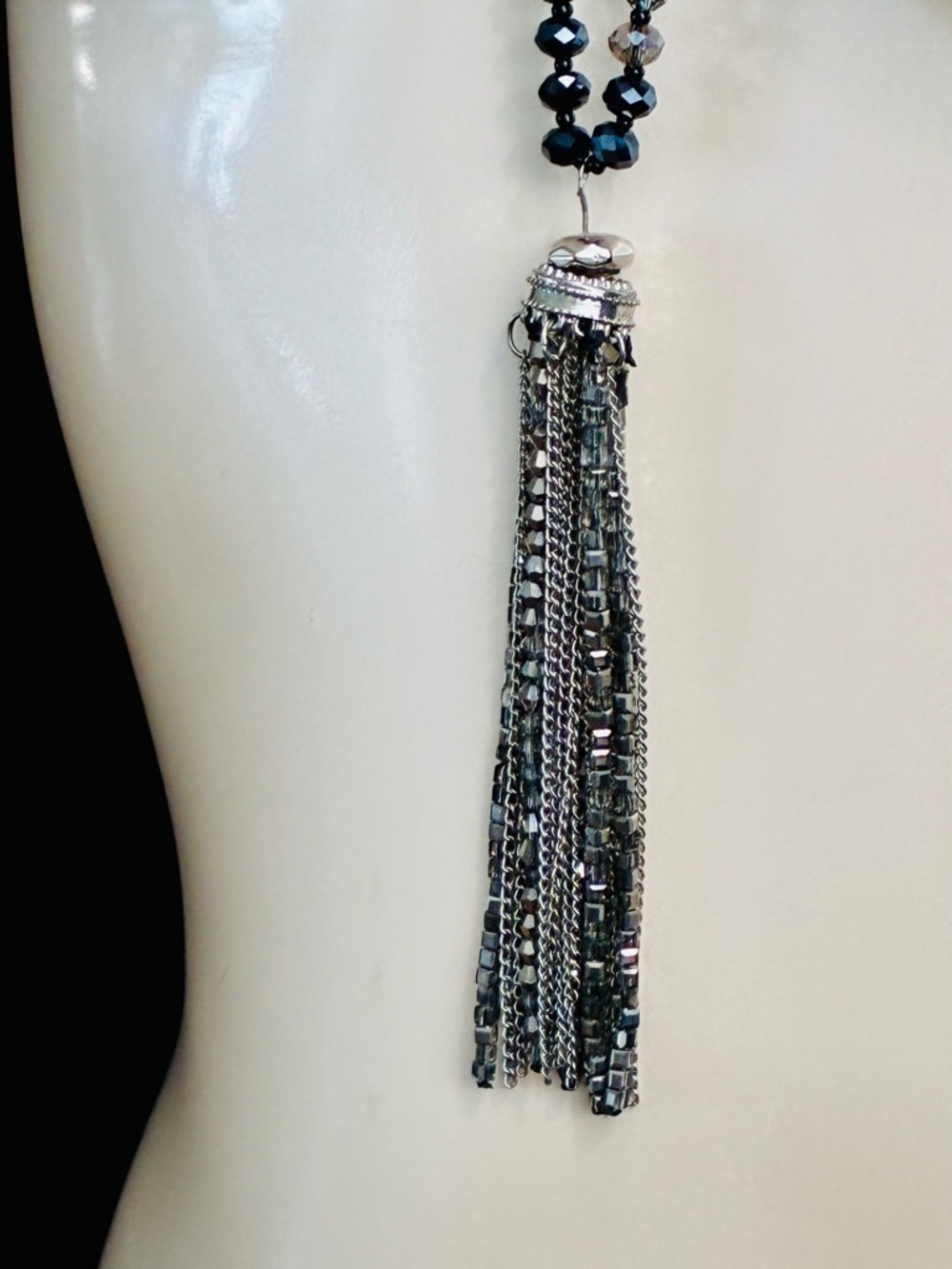 Murano Black and Silver Bead Necklace with Silver Tassel - Picture 2 of 13